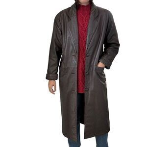 Vintage 1990s Womens Chocolate Brown 100% Leather Matrix Goth Grunge Trench Coat